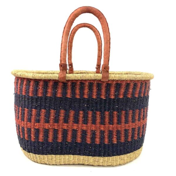 extra-large-oval-012-sneak-orange-navy-basket-bolga-woven-bashiri-3 Front view of the extra large oval Bolga basket with rust orange and navy bands on a white background