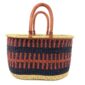 Front view of the extra large oval Bolga basket with rust orange and navy bands on a white background