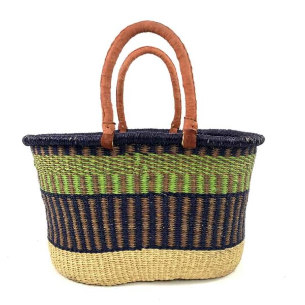extra-large-oval-013-grassland-green-navy-basket-woven-bashiri-3 Front view of the extra large oval Bolga basket with a lime green band between a navy rim and navy lower body on a white background