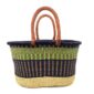 Front view of the extra large oval Bolga basket with a lime green band between a navy rim and navy lower body on a white background