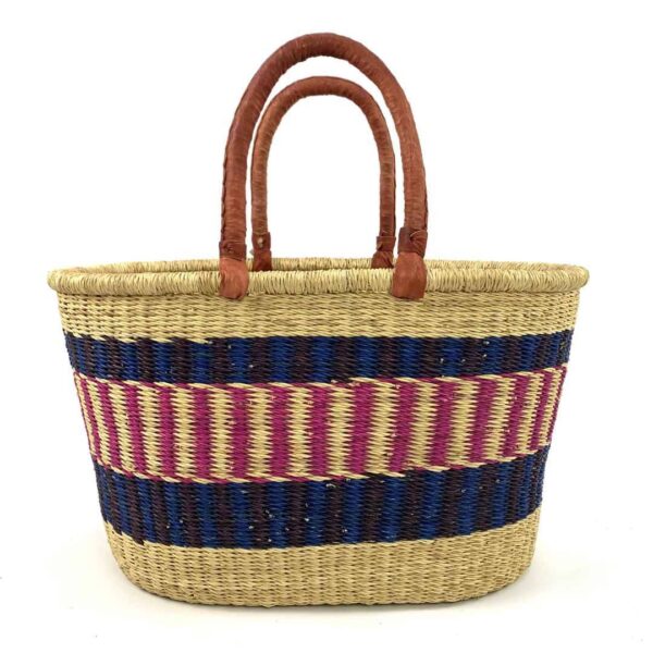 extra-large-oval-014-woollen-pink-navy-basket-african-bashiri-3 Front view of the extra large oval Bolga basket with navy bands framing a pink and cream striped band on a white background