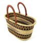 Angled view of the extra large oval Bolga basket with black and mustard bands with a central diamond motif, showing the woven interior