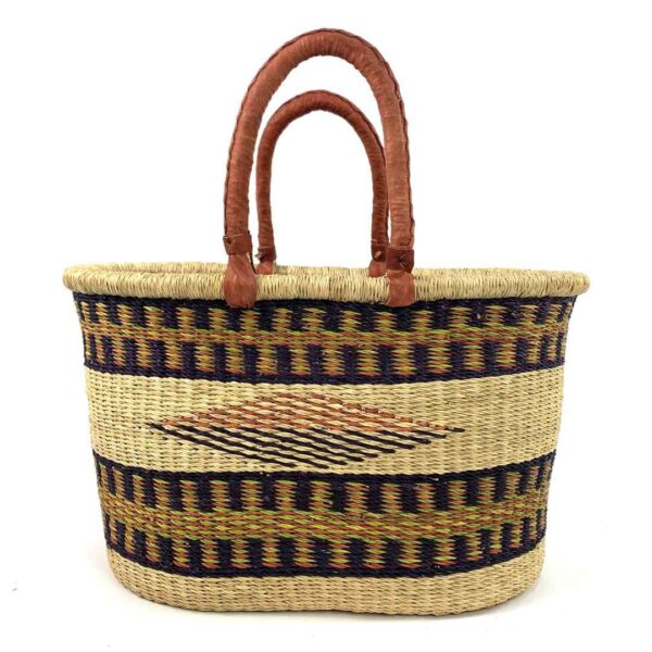 extra-large-oval-015-illusion-diamond-pattern-basket-bolga-woven-bashiri-3 Front view of the extra large oval Bolga basket with black and mustard bands with a central diamond motif on a white background