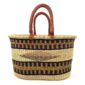Front view of the extra large oval Bolga basket with black and mustard bands with a central diamond motif on a white background