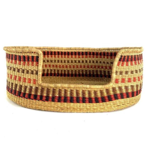 extra-large-pet-basket-031-pawable-dog-bed-red-black-elephant-grass-african-basket-bashiri-3 Front view of the extra large woven dog bed with a low entry and a red, black, and brown pattern