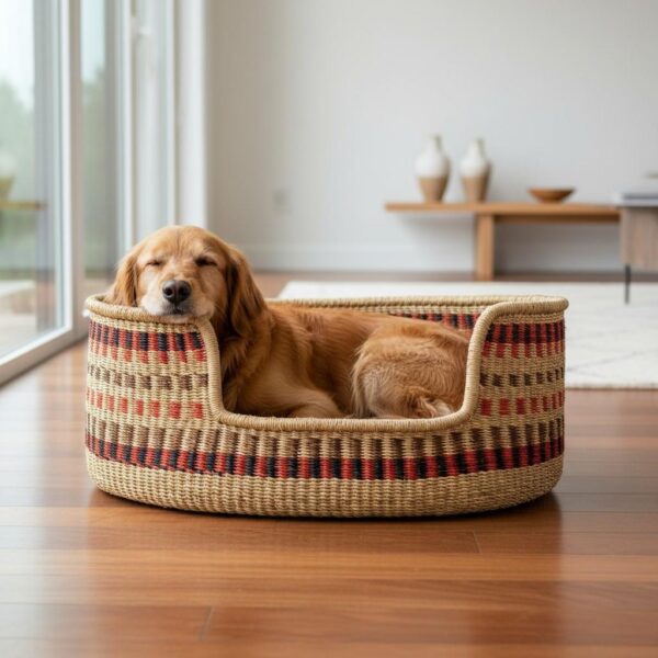 Golden retriever resting in an extra large woven dog bed with red and black flecks on a timber floor