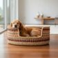Golden retriever resting in an extra large woven dog bed with red and black flecks on a timber floor