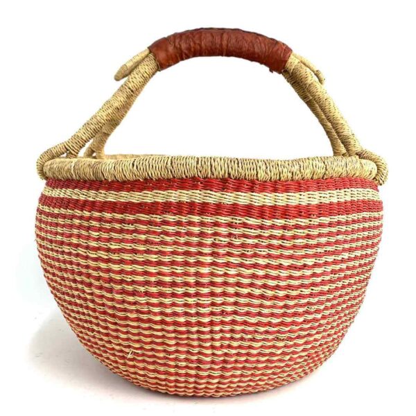 extra-large-round-basket-557-glory-3 Front view of the red striped XL round Bolga basket with a leather-wrapped handle on a white background
