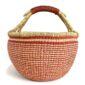 Front view of the red striped XL round Bolga basket with a leather-wrapped handle on a white background