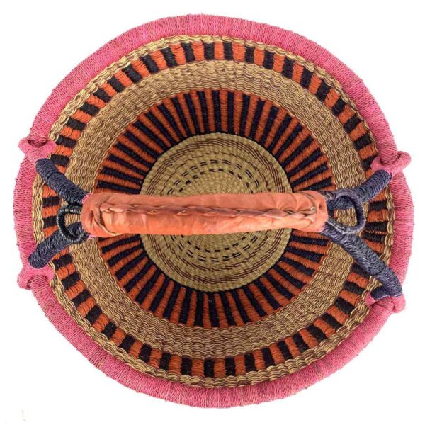 extra-large-round-basket-558-sprinkles-2 Top view of the orange and pink XL round Bolga basket showing the woven base and leather-wrapped handle