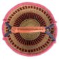 Top view of the orange and pink XL round Bolga basket showing the woven base and leather-wrapped handle