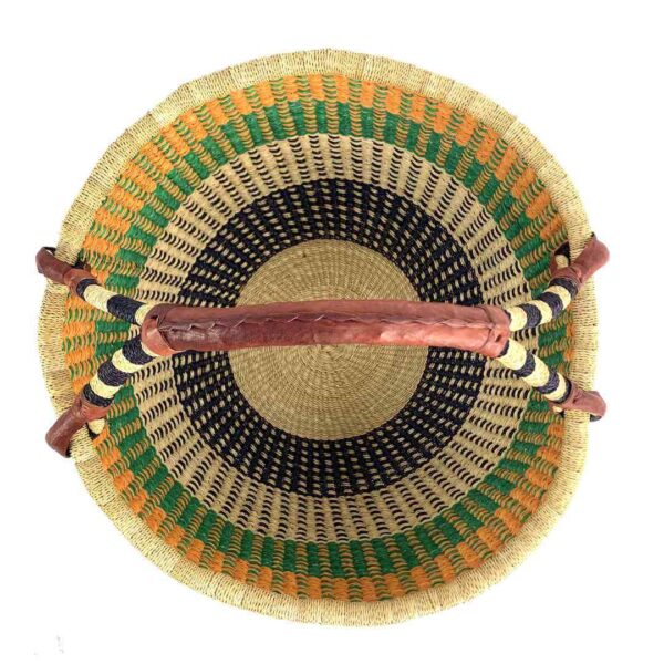 extra-large-round-basket-560-funtimes-2 Top view of the orange and green XL round Bolga basket showing the woven base and leather-wrapped handle