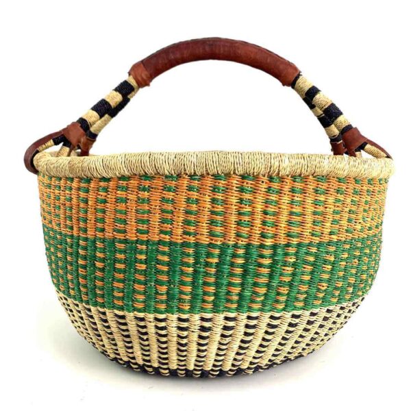 extra-large-round-basket-560-funtimes-3 Front view of the orange and green XL round Bolga basket with a leather-wrapped handle on a white background