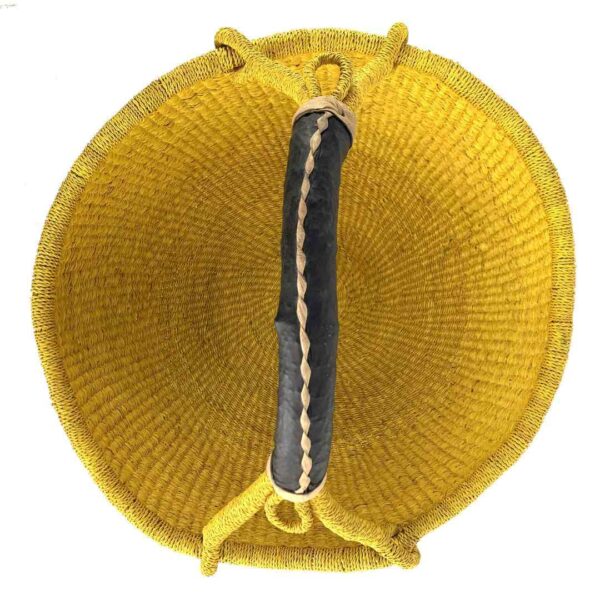 extra-large-round-basket-561-lightbeam-2 Top view of the yellow XL round Bolga basket showing the woven base and leather-wrapped handle