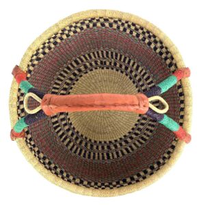 extra-large-round-basket-562-wonderful-2 Top view of the red and green XL round Bolga basket showing the woven base and leather-wrapped handle