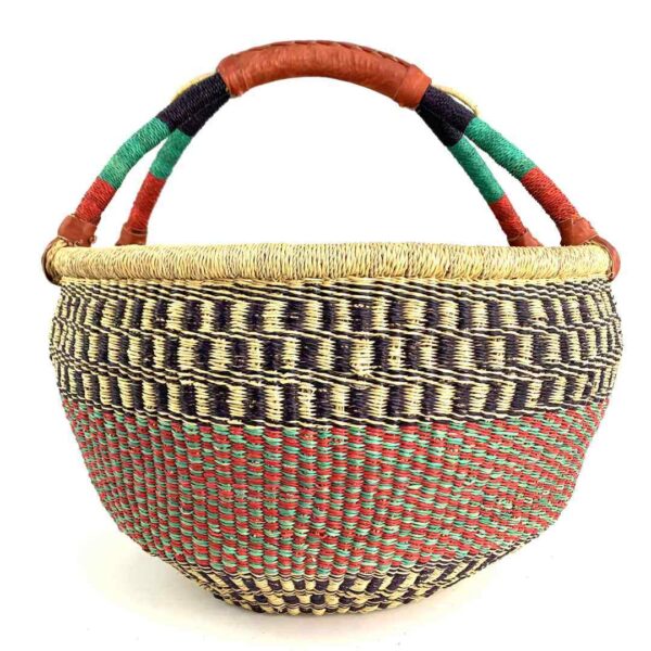 extra-large-round-basket-562-wonderful-3 Front view of the red and green XL round Bolga basket with a leather-wrapped handle on a white background