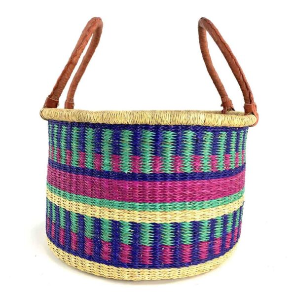 hamper-basket-186-wishywashy-jewel-tone-stripes-bolga-bashiri-3 Front view of the jewel-toned striped hamper basket on a white background