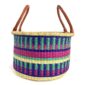 Front view of the jewel-toned striped hamper basket on a white background