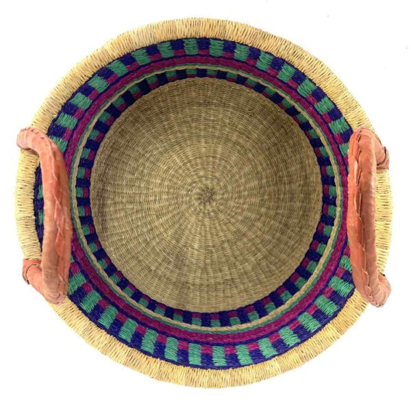 hamper-basket-186-wishywashy-jewel-tone-stripes-bolga-bashiri-4 Top view into the jewel-toned hamper basket showing the coiled base