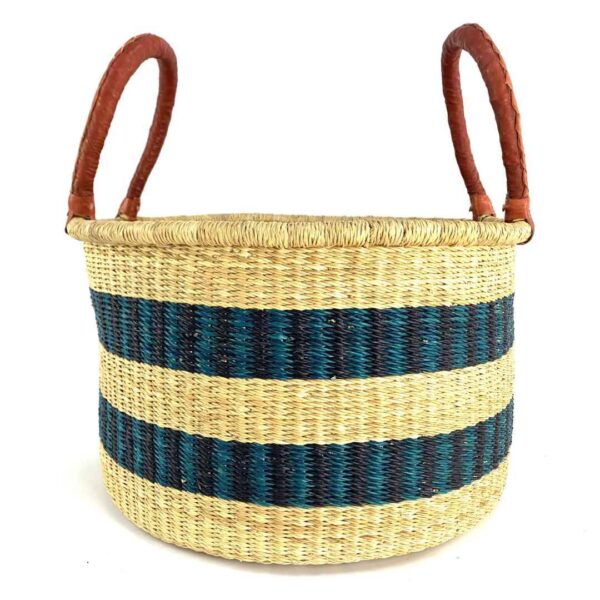 hamper-basket-set-028-pickleball-natural-dark-stripes-woven-bashiri-3 Front view of the natural hamper basket with two dark-toned stripes on a white background