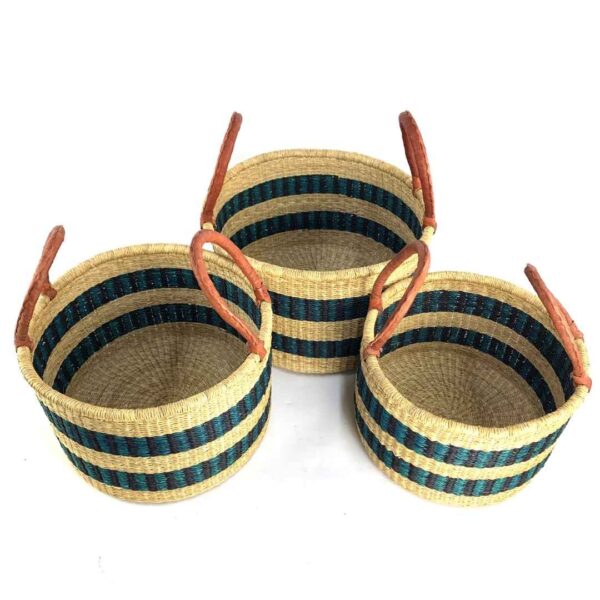 hamper-basket-set-028-pickleball-natural-dark-stripes-woven-bashiri-4 Set of three natural hamper baskets with dark stripes in small, medium and large