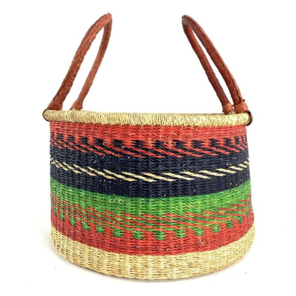 hamper-basket-set-029-seaside-warm-dark-stripes-african-basket-bashiri-3 Front view of the warm and dark-toned striped hamper basket on a white background