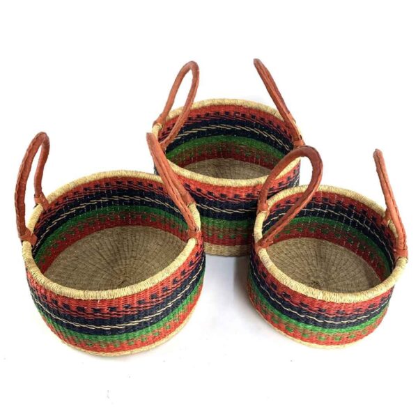 hamper-basket-set-029-seaside-warm-dark-stripes-african-basket-bashiri-4 Set of three warm striped hamper baskets in small, medium and large