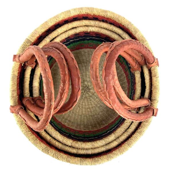 hamper-basket-set-029-seaside-warm-dark-stripes-african-basket-bashiri-5 Three warm striped hamper baskets nested inside one another, seen from above