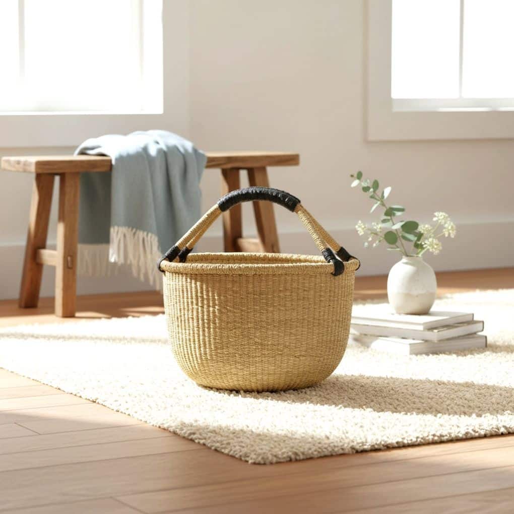 Large natural round basket with black leather handles styled on a bedroom floor