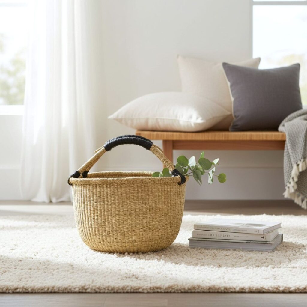 Large natural round basket with black leather handles styled on a carpet in a pretty room