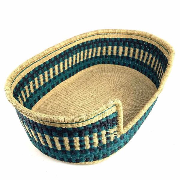 large-pet-dog-basket-036-rumba-2 Angled view of the large teal and navy pet basket showing the woven elephant grass base