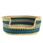 Front view of the large teal and natural checked Bolga pet basket with its dipped front