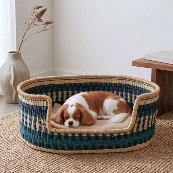 Large teal, navy and natural Bolga pet basket with a small spaniel lying on a cushion inside