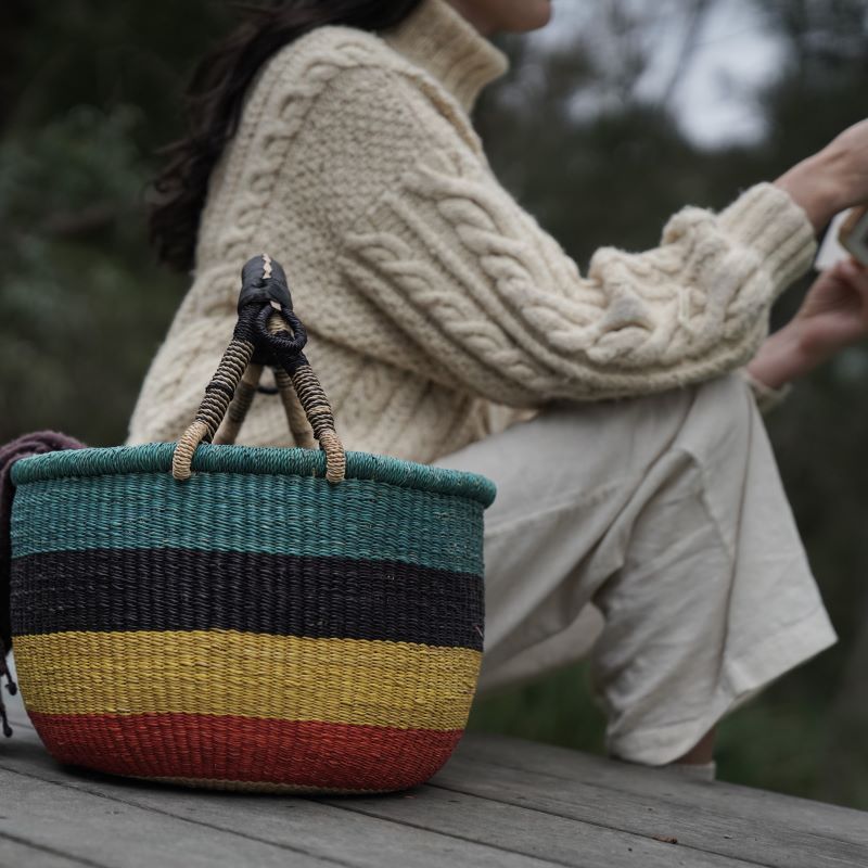 Woven african basket, round with colourful stripes