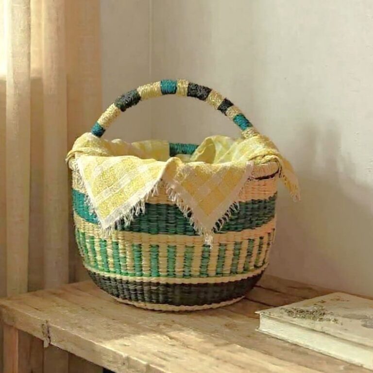 blue african bolga bsasket on a wooden bench