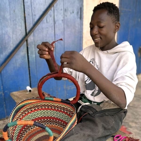 woven handmade baskets from Bolgatanga with leather handles