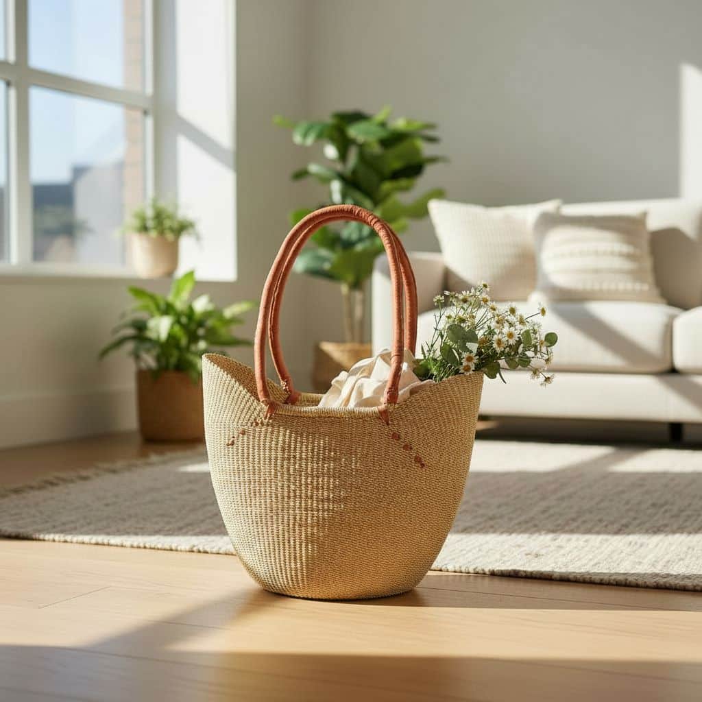 Natural long handle Bolga shopping basket handwoven in Ghana with leather handles