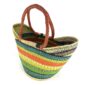 Angled view of the lime green, teal and orange extra large market basket
