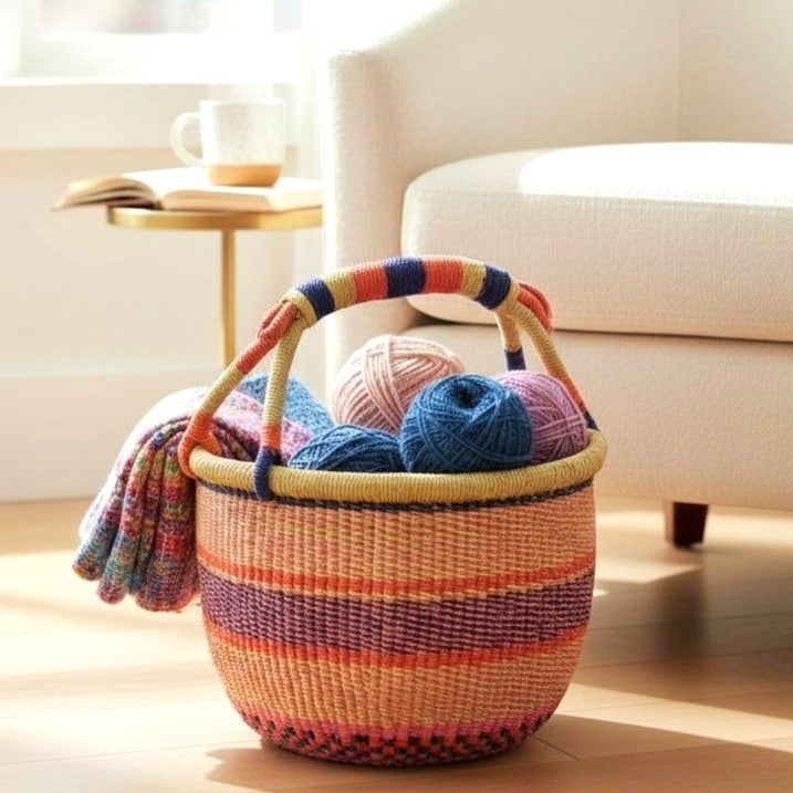 colourful medium size round woven african basket for decorative and storage
