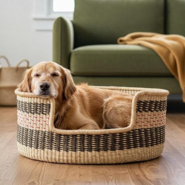 Golden retriever resting in a charcoal and pink striped Bolga dog bed beside a green sofa