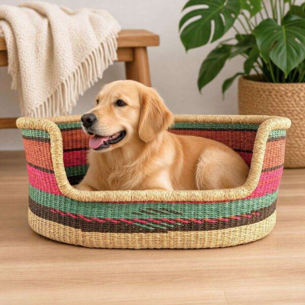 Medium Bolga pet basket in coral, pink, green and brown stripes with a golden dog lying inside