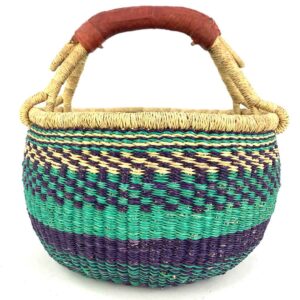 Colourful patterns circulate this round basket