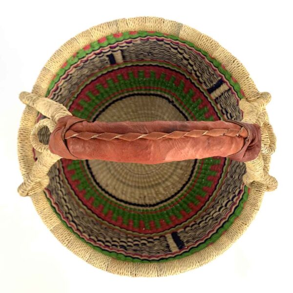 medium-round-basket-666-paradise-woven-3 Front view of the medium round Bolga basket with coral pink, green and navy zigzag pattern