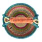 Front view of the medium round Bolga basket with a teal-wrapped rim and handle over terracotta, olive and magenta bands with a black-and-cream diamond weave