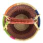 Front view of the medium round Bolga basket with a navy, orange, magenta and green checkerboard weave