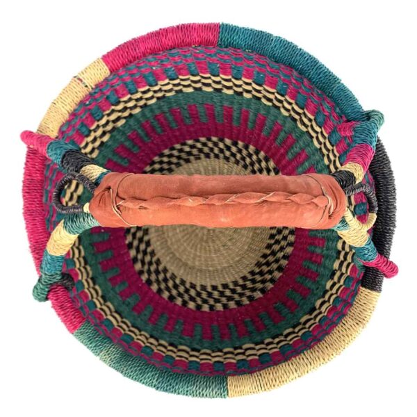 medium-round-basket-670-waterways-woven-3 Front view of the medium round Bolga basket with a teal and magenta checker weave with a cream-and-black band