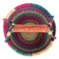 Front view of the medium round Bolga basket with a teal and magenta checker weave with a cream-and-black band