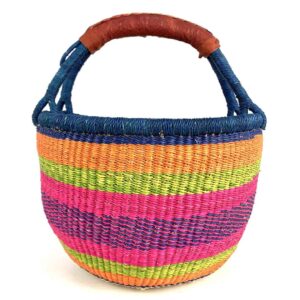 medium-round-basket-671-perch-woven-2 Angled view of the medium round Bolga basket showing a navy rim with orange, lime green and magenta bands
