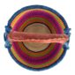 Front view of the medium round Bolga basket with a navy rim with orange, lime green and magenta bands