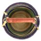 Front view of the medium round Bolga basket with a dark purple rim with a green, navy and cream diagonal wave pattern